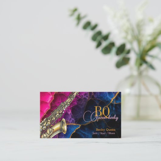 Moderne Gouden Saxofoon Jazz & QR Code, Monogram Visitekaartje (Staand voorkant)