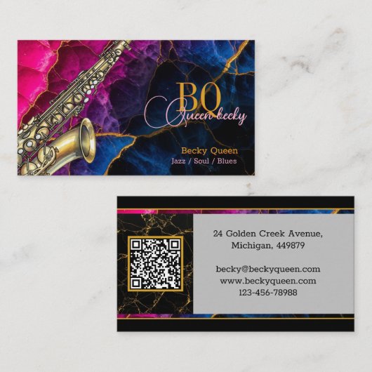 Moderne Gouden Saxofoon Jazz & QR-code, Monogram Visitekaartje (Voorkant / Achterkant)