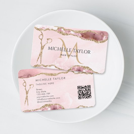 Moderne gouden schaar haarstylist monogram QR-code Visitekaartje