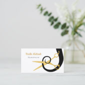 Moderne Gouden Schaar Zwart Haar Krullen Haarsalon Visitekaartje (Staand voorkant)