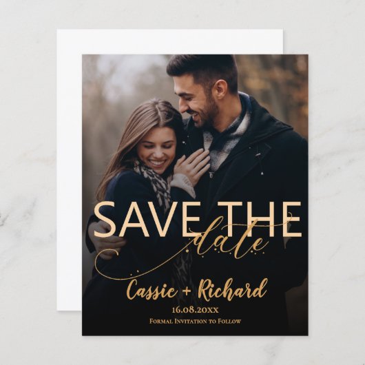 Moderne Gouden Schrift Foto Bruiloft Save the Date (Voorkant / Achterkant)