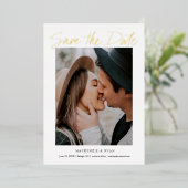 Moderne gouden schrift minimale foto save the date folie uitnodiging (Staand Voorkant)
