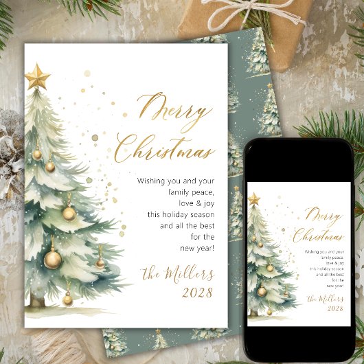 Moderne Gouden Schrift Waterverf Kerstboom Feestdagenkaart