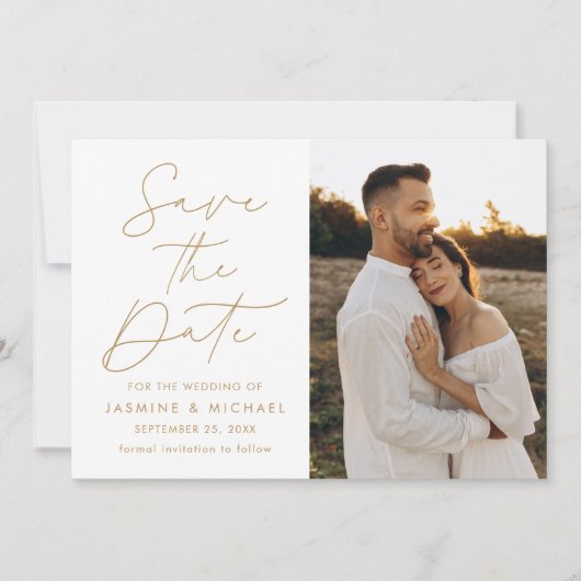 Moderne Gouden Script 2 Foto Save The Date (Voorkant)