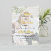 Moderne gouden script 2 foto's met online RSVP Gol Folie Uitnodiging (Staand Voorkant)