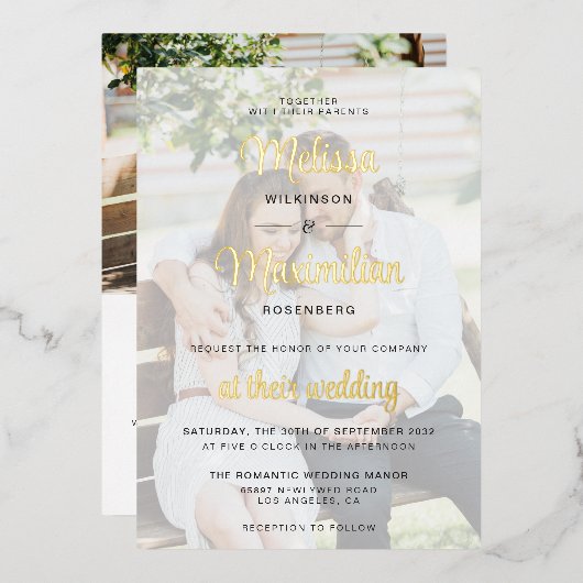 Moderne gouden script 2 foto's met online RSVP Gol Folie Uitnodiging (Voorkant / Achterkant)