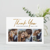 Moderne gouden script 3 foto bruiloft bedankkaart (Staand voorkant)