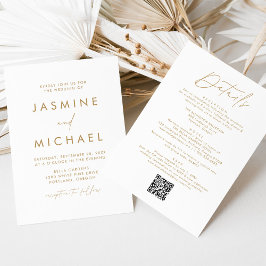 Moderne Gouden Script All-in-One QR-code Huwelijk Kaart
