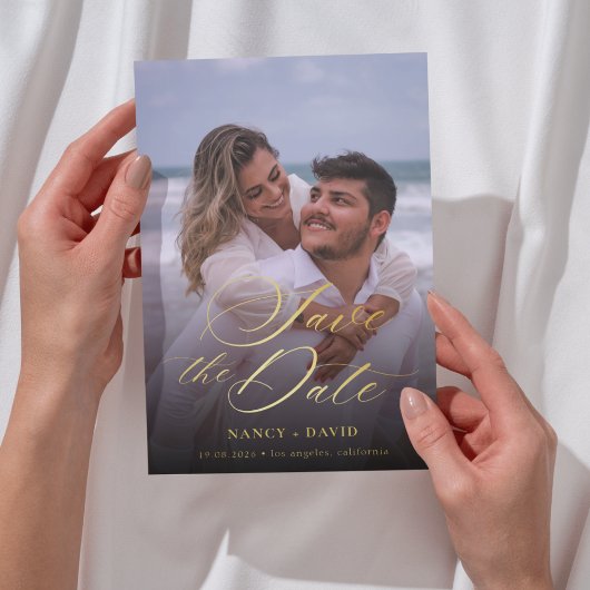 Moderne Gouden Script Bruiloft Eén Foto Save The Date