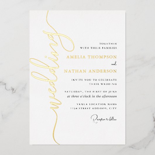 Moderne gouden script bruiloft  folie uitnodiging (Voorkant)