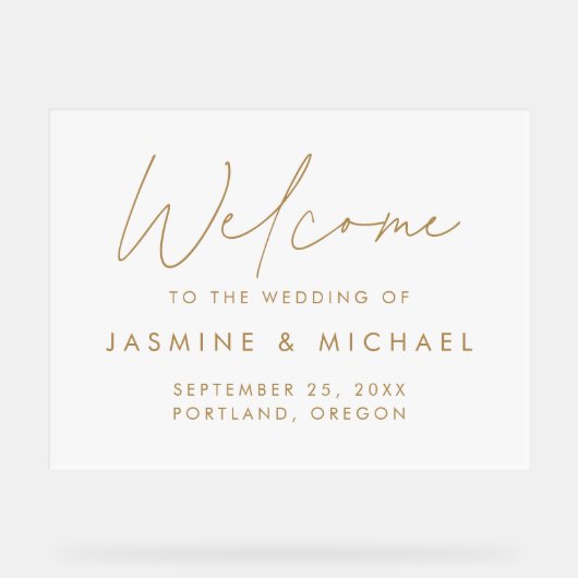 Moderne gouden script bruiloft welkom acryl bord (Voorkant)