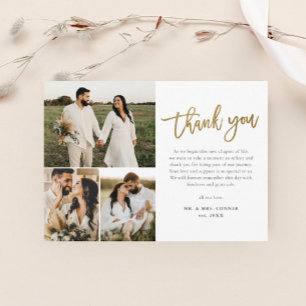 Moderne gouden script foto collage bruiloft bedank briefkaart