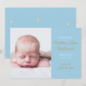 Moderne gouden script foto geboorte baby jongen aankondiging (Voorkant / Achterkant)