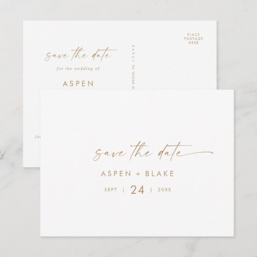 Moderne Gouden Script Horizontale Save the Date Uitnodiging Briefkaart (Voorkant / Achterkant)