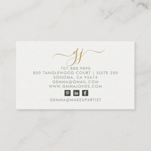 Moderne Gouden Script Initialen Make-up Artiest Visitekaartje (Achterkant)