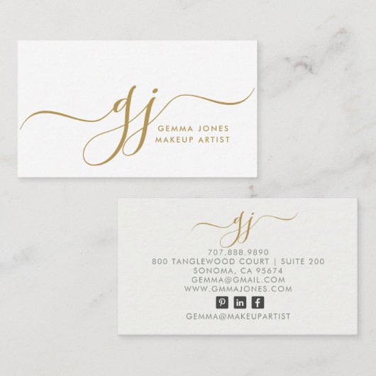 Moderne Gouden Script Initialen Make-up Artiest Visitekaartje (Voorkant / Achterkant)