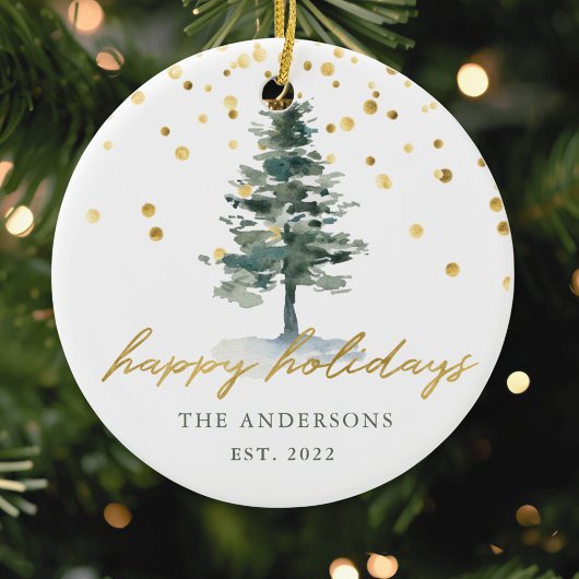 Moderne gouden script kerstboom prettige feestdage keramisch ornament