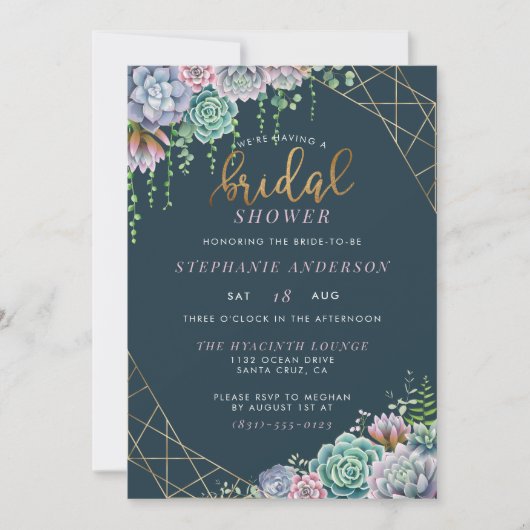 Moderne gouden script Mooie vetplanten Bruidsdouch Kaart (Voorkant)