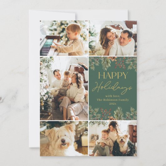 Moderne gouden script multi-foto kerstkaart (Voorkant)