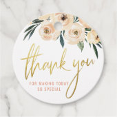 Moderne Gouden Script Roze Bloemen Dank Je Bedankjes Labels (Voorkant)