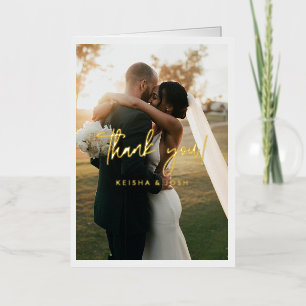 Moderne gouden script trouwfoto dankjewel folie wenskaart
