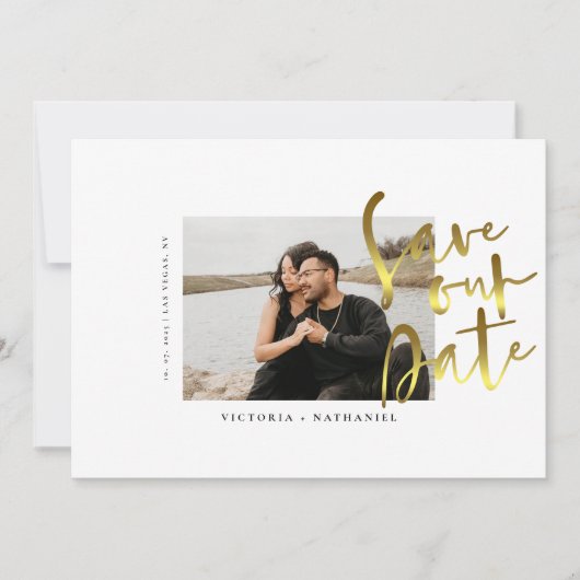 Moderne gouden script trouwfoto save the date (Voorkant)