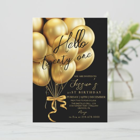 Moderne gouden script zwart hallo eenentwintigste kaart (Staand voorkant)