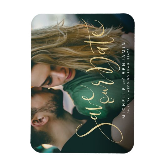 Moderne gouden scriptfoto's bruiloft met de datum magneet (Verticaal)