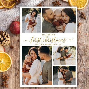 Moderne Gouden Scriptie Baby's Eerste Kerstmis 5 F Feestdagenkaart