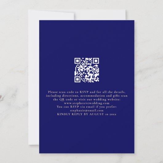 Moderne gouden scriptie Navy Blue QR-code bruiloft Kaart (Achterkant)