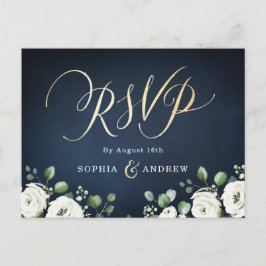 Moderne gouden scriptnavy white floral bruiloft RS Uitnodiging Briefkaart