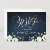 Moderne gouden scriptnavy white floral bruiloft RS Uitnodiging Briefkaart (Voorkant / Achterkant)
