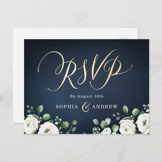 Moderne gouden scriptnavy white floral bruiloft RS Uitnodiging Briefkaart (Voorkant / Achterkant)