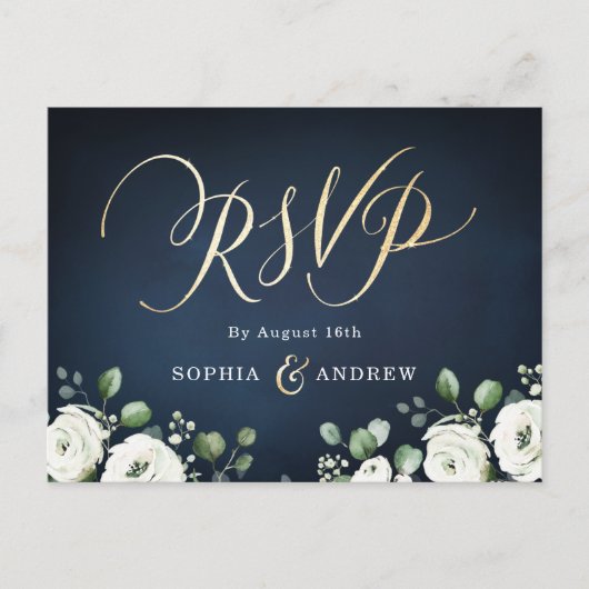 Moderne gouden scriptnavy white floral bruiloft RS Uitnodiging Briefkaart (Voorkant)