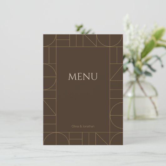 Moderne Gouden Sieraden Donkerbruine Bruiloft Menu (Staand voorkant)