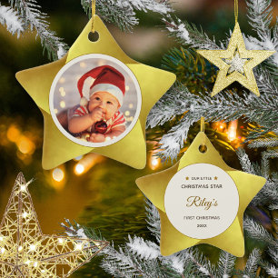 Moderne Gouden Ster Baby Eerste Kerst Foto Keramisch Ornament