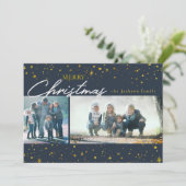Moderne gouden sterren donkerblauwe kerstgroet feestdagenkaart (Staand voorkant)