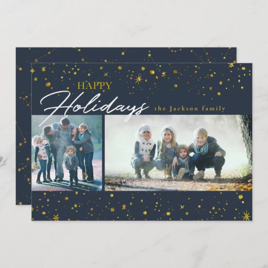 Moderne gouden sterren op een donkerblauwe feestda feestdagenkaart (Voorkant / Achterkant)