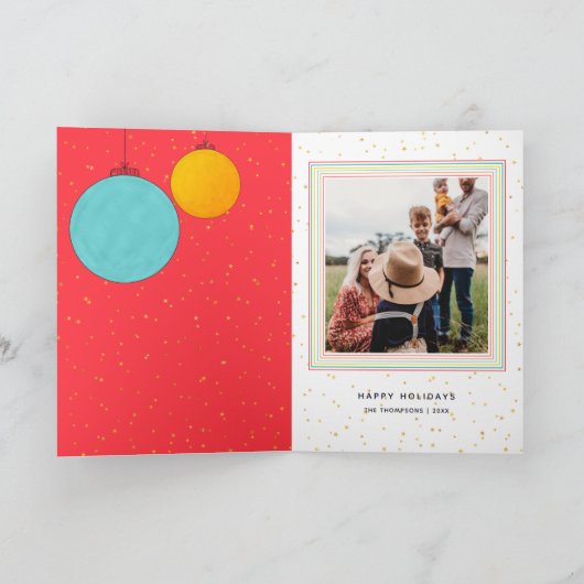 Moderne Gouden Sterren Rode Kerstballen Eén Foto Kaart (Binnen)