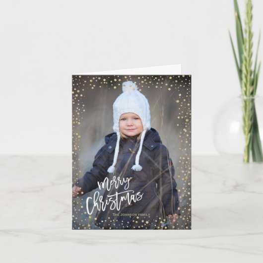 Moderne gouden stip met kerstmis met witte letters feestdagen kaart (Voorkant)