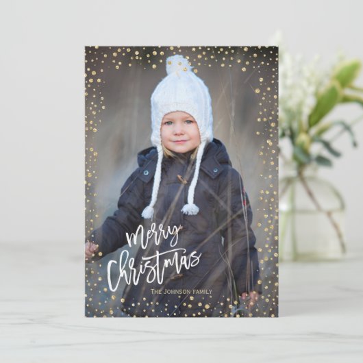 Moderne gouden stip met kerstmis met witte letters feestdagenkaart (Staand voorkant)