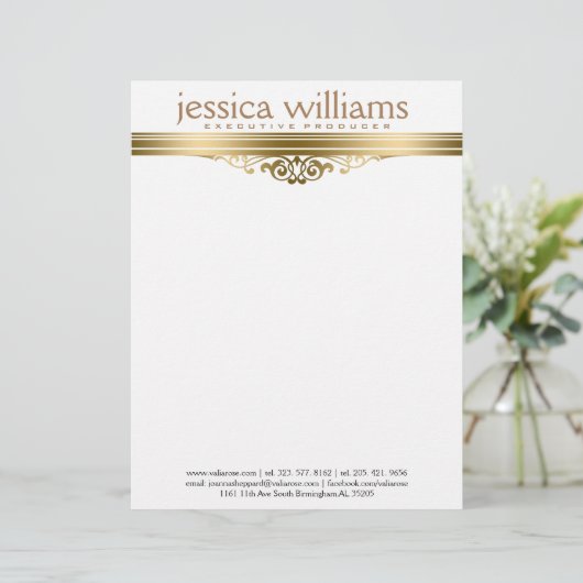 Moderne Gouden Streep & Bloemenaccent Briefhoofd Ontwerp (Staand voorkant)