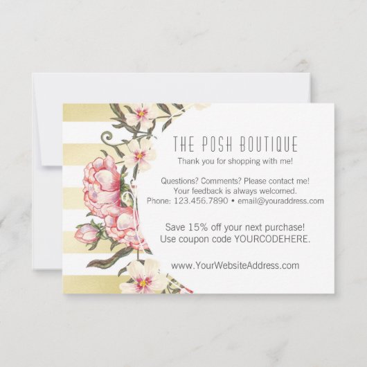 Moderne gouden strepen en roze Rozen Hartelijk dan Bedankkaart (Achterkant)