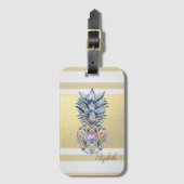 Moderne gouden strepen, kleurrijke ananas bagagelabel (Voorkant (verticaal))