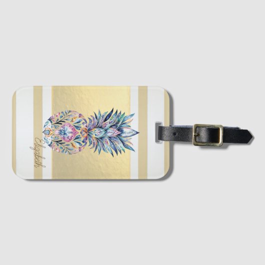 Moderne gouden strepen, kleurrijke ananas bagagelabel (Voorkant (horizontaal))