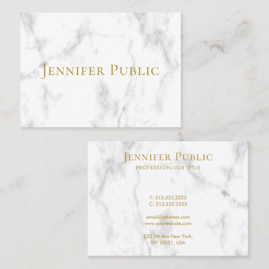 Moderne gouden tekst witte marmer Sjabloon Visitekaartje (Voorkant / Achterkant)
