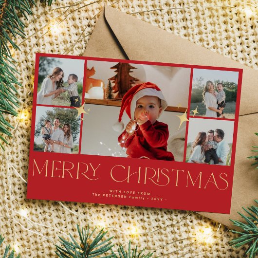 Moderne gouden typografie fotocollage rode kerst feestdagenkaart