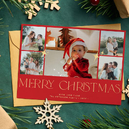 Moderne gouden typografie fotocollage rode kerst feestdagenkaart
