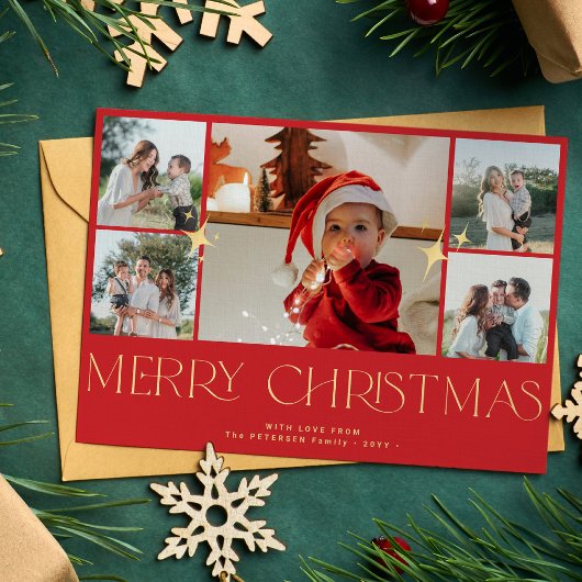 Moderne gouden typografie fotocollage rode kerst feestdagenkaart