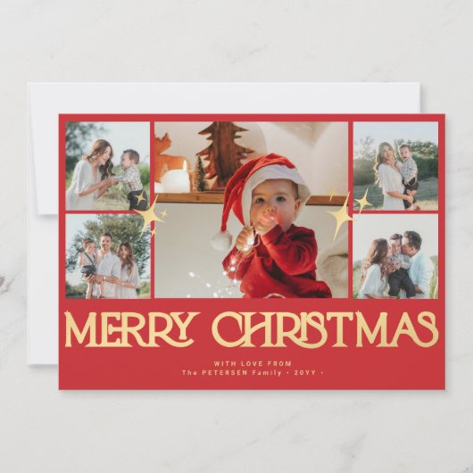 Moderne gouden typografie fotocollage rode kerst feestdagenkaart (Voorkant)